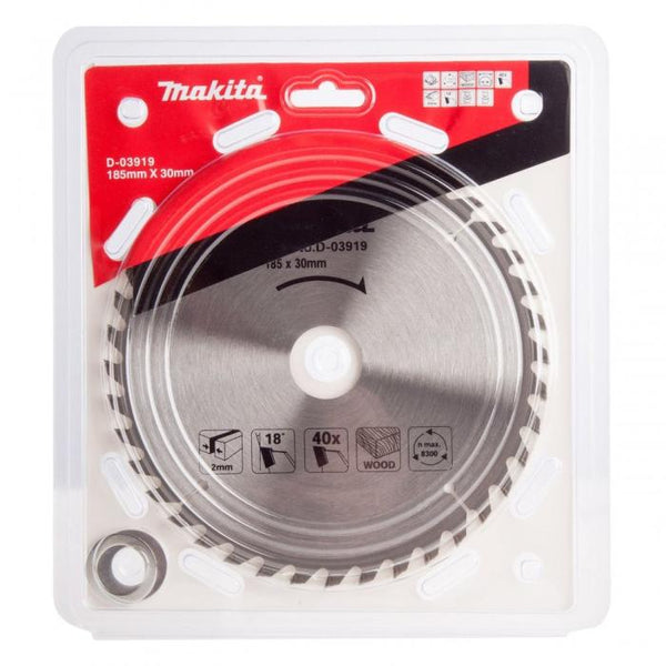 Makita 180mm x 30mm circular saw blade in its original retail packaging, featuring a silver steel blade and a red and black header card.