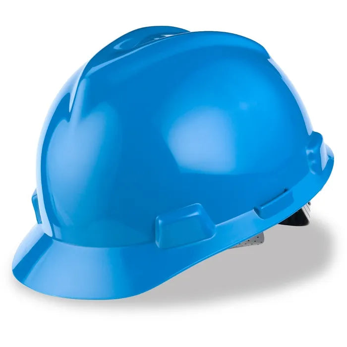 MSA Safety Helmet, V-Gard® Polyethylene Cap Style Hard Hat With 4 Point Ratchet/Ratchet Suspension, Blue - 463413&10148792