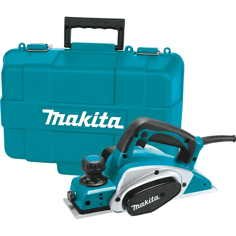Makita cordless planer with a teal and black body, shown in front of its matching teal carrying case on a white background.