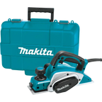 Makita cordless planer with a teal and black body, shown in front of its matching teal carrying case on a white background.