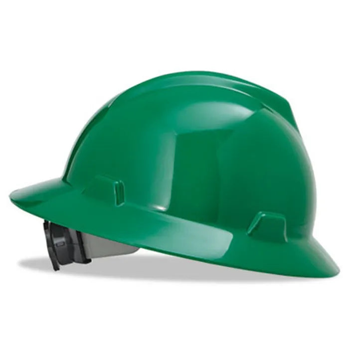 MSA V-Gard® Polyethylene Full Brim Hard Hat, Green, 4-Point Ratchet Suspension - 86777&10148792