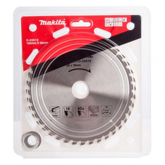 Makita 180mm x 30mm circular saw blade in its original retail packaging, featuring a silver steel blade and a red and black header card.