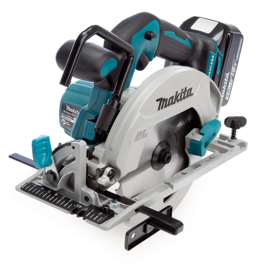 Makita Cordless Circular Saw in teal, black and grey colour on a white background.
