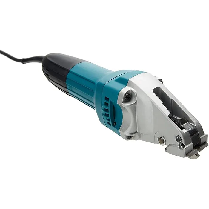 Makita Electric Metal Shear in teal and black colour with white makita logo in white background