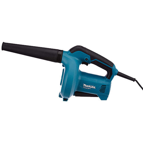 A Makita dust blower with a teal blue body and black nozzle, shown from a side angle on a plain white background.