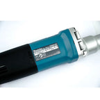 Close up of a Makita Electric die grinder in teal and black colour on a white background