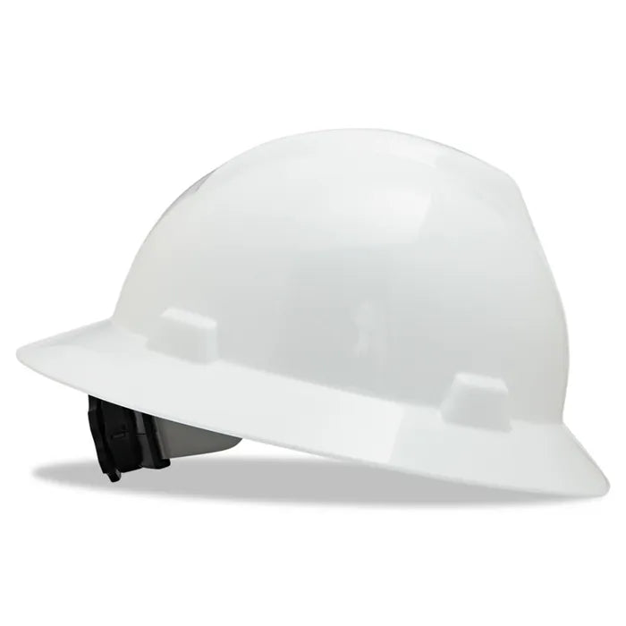 MSA Safety Helmet, V-Gard® Full Brim Hard Hat With Ratchet/4 Point Ratchet Suspension, White - 86779&10148792