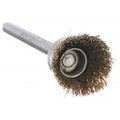 A metal wire wheel brush attachment with a silver metal shaft and a dense brown bristle head, shown on a plain white background.