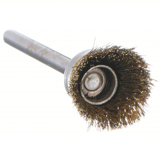 A metal wire wheel brush attachment with a silver metal shaft and a dense brown bristle head, shown on a plain white background.