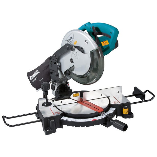 Makita miter saw with a silver circular blade, teal and black handle, and adjustable metal base on a white background.