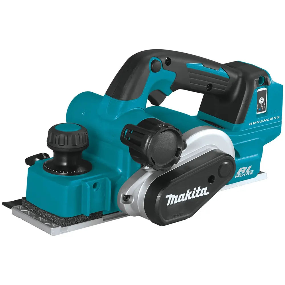 Makita cordless planer with a teal and black body, silver blade guard, and black adjustment knobs, shown on a plain white background.