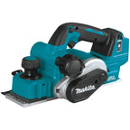 Makita cordless planer with a teal and black body, silver blade guard, and black adjustment knobs, shown on a plain white background.