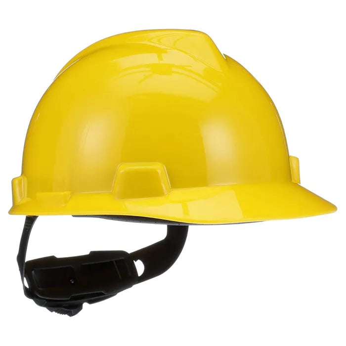 MSA Safety Helmet, V-Gard® Polyethylene Cap Style Hard Hat With 4 Point Ratchet/Ratchet Suspension, Yellow - 463443&10148792