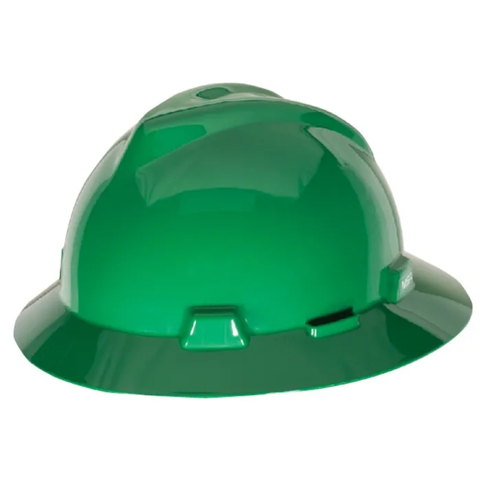 MSA V-Gard® Polyethylene Full Brim Hard Hat, Green, 4-Point Ratchet Suspension - 86777&10148792