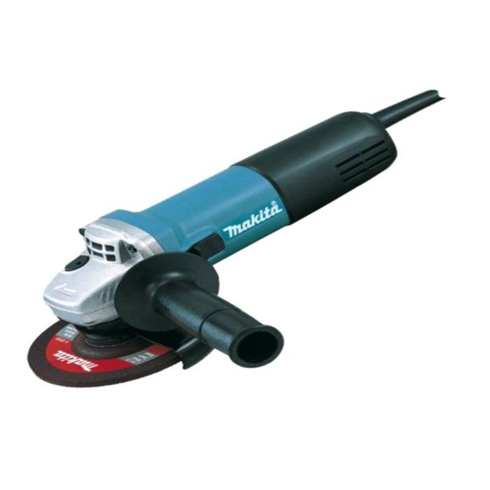 Makita angle grinder with a black and teal body, silver guard, and a red-and-black abrasive disc, shown on a plain white background.