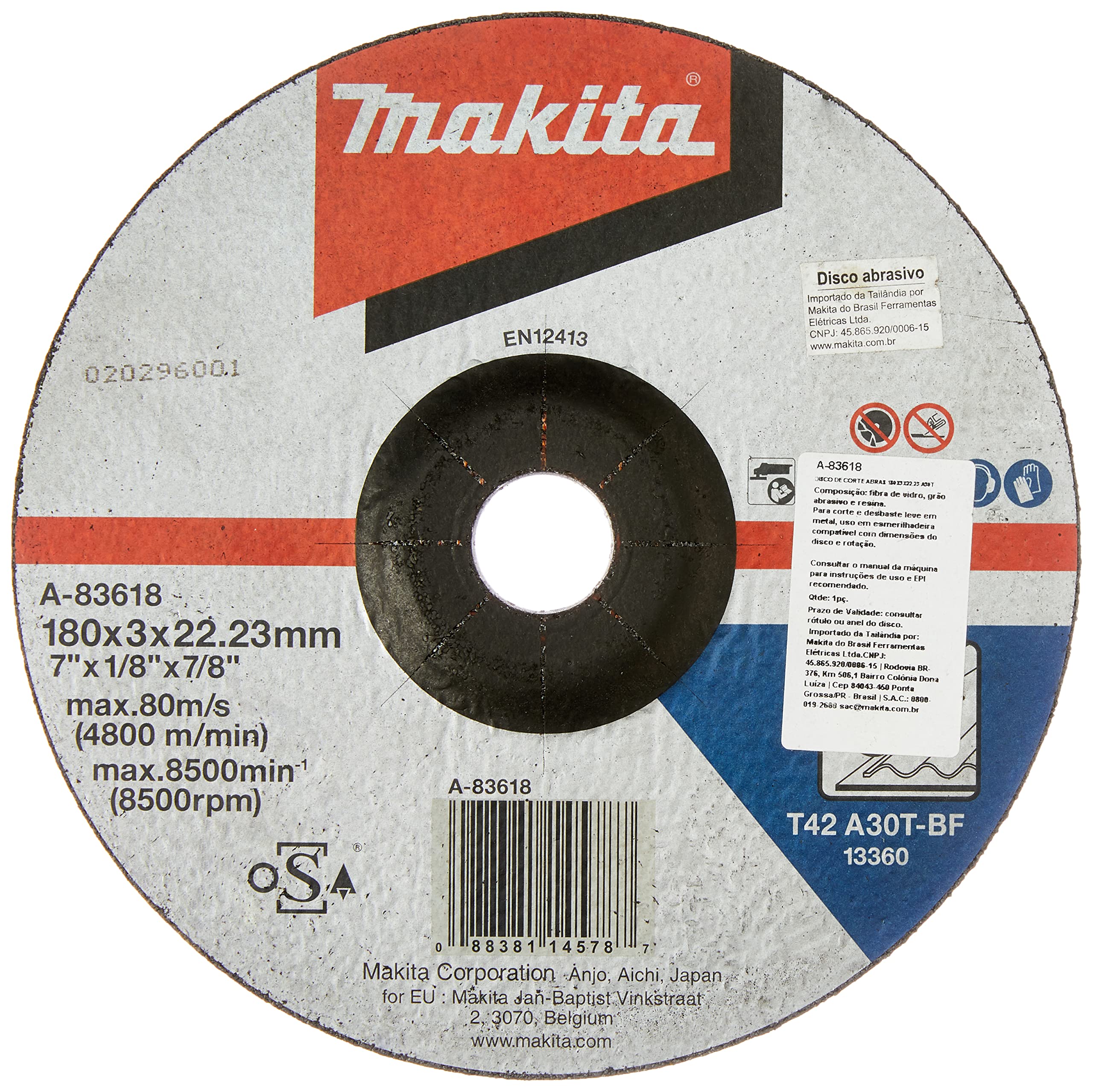 Makita Depressed Center Cut-Off Wheel for Metal, 180 × 3.0 × 22.23 mm, A30T, A-83618