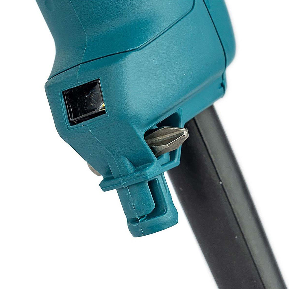 Close-up of a teal Makita Dry Wall Screwdriver with a visible blade and black power cord on a white background.