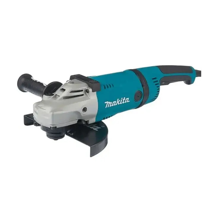 Makita angle grinder with a teal and gray body, black handle, and guard, shown on a plain white background.
