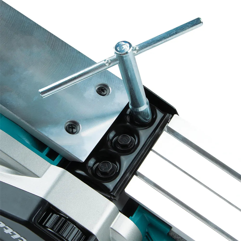 Close-up of a Makita Cordless Woodshop Planer with a metal blade and handle on a white background