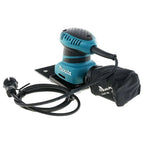 Makita cordless orbital sander with a black sanding attachment, black power cord, and a black dust bag on a white background.