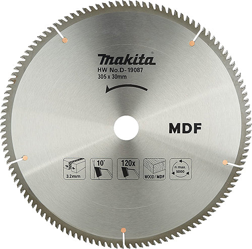 Makita HW No. D-19087 305 x 30 mm circular saw blade for MDF wood, featuring a brushed silver metal finish with black printed text and technical specifications.