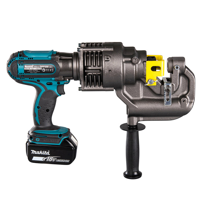 Makita LXT cordless metal hole punch with a black auxiliary handle and a 18V lithium-ion battery, shown on a solid white background.