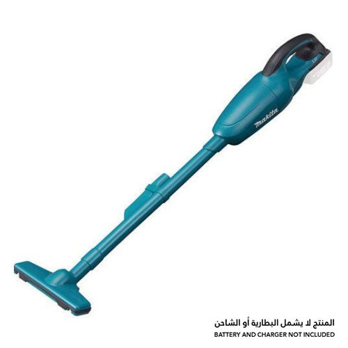A teal and black cordless stick vacuum cleaner with a floor head attachment, shown diagonally on a white background. Arabic text and English text 'BATTERY AND CHARGER NOT INCLUDED' are visible in the bottom right corner.