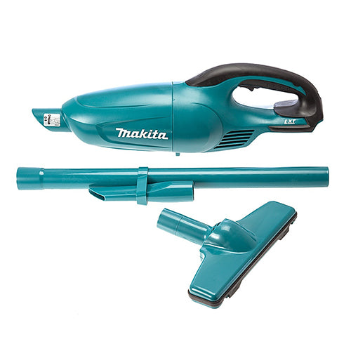 Makita handheld vacuum cleaner with attachments on a white background