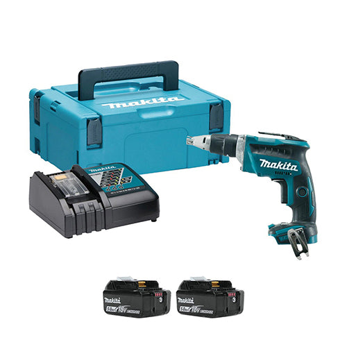 Makita Cordless Screw Driver in teal and black colour with two batteries, one charger and its kit, on a white background.