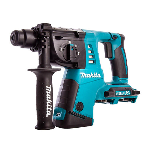 Makita cordless hammer drill with a teal and black body, featuring a front-mounted black handle grip, shown on a solid white background.
