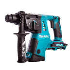 Makita cordless hammer drill with a teal and black body, featuring a front-mounted black handle grip, shown on a solid white background.