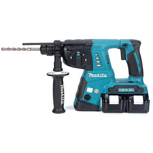 Makita HRX 36V cordless hammer drill with a black auxiliary handle, shown with two battery packs on a clean white background.