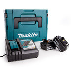 Makita cordless tool kit with a teal carrying case, a black charger, and two black battery packs on a white background.