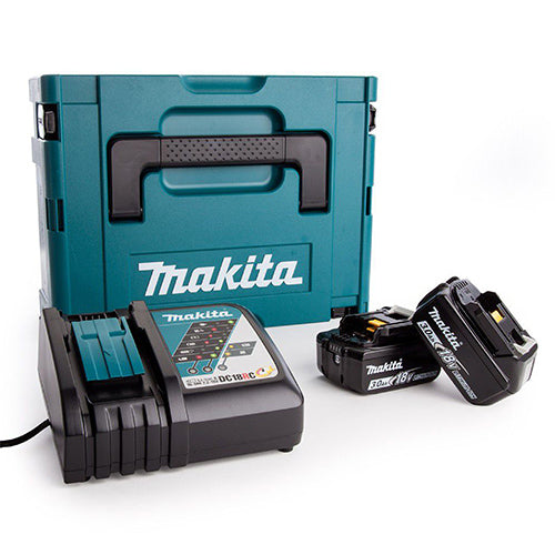 Makita cordless tool kit with a teal carrying case, a black charger, and two black battery packs on a white background.