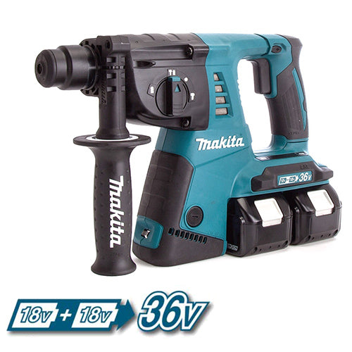 Makita cordless hammer drill with a teal and black body, shown with two detachable batteries and a front-mounted handle grip. The image includes a blue graphic overlay at the bottom indicating 18V + 18V for 36V.