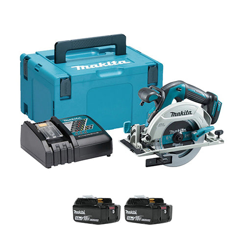 Makita Cordless Circular Saw kit with two batteries and a charger in teal and black colour on a white background.