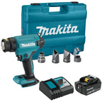 Makita cordless hot gun with a teal and black impact driver, four metal bit attachments, a battery charger, a battery pack, and a teal hard carrying case on a white background.