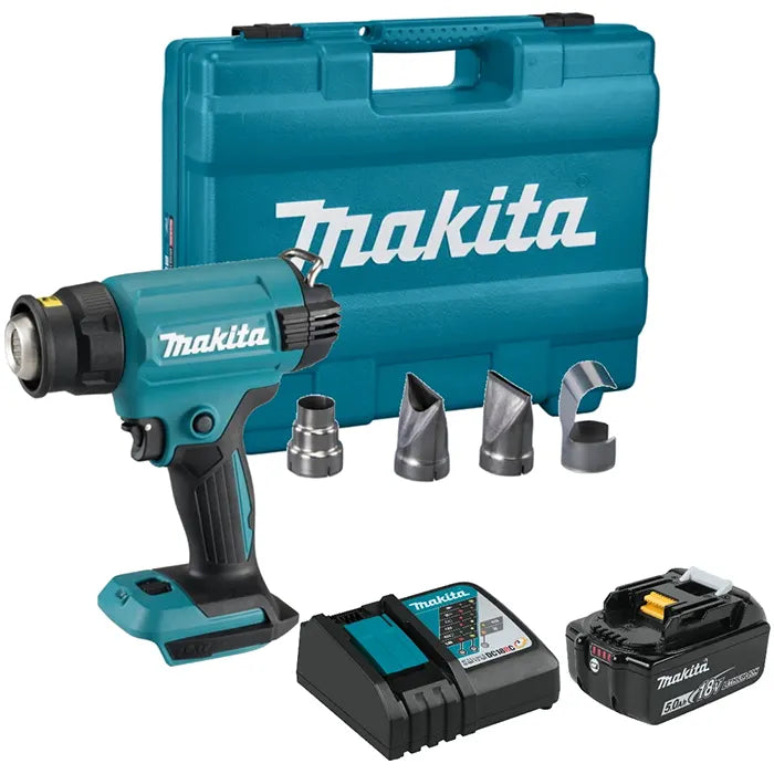 Makita cordless hot gun with a teal and black impact driver, four metal bit attachments, a battery charger, a battery pack, and a teal hard carrying case on a white background.