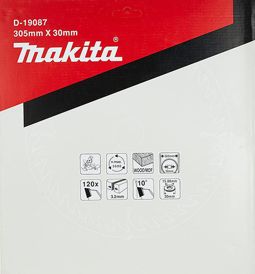 Makita D-19087 305mm x 30mm circular saw blade packaging, featuring a red and black header with the white Makita logo and product specifications.