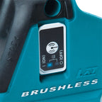 Close-up of a Makita Cordless Woodshop Planer with a 'BRUSHLESS' label and control panel.