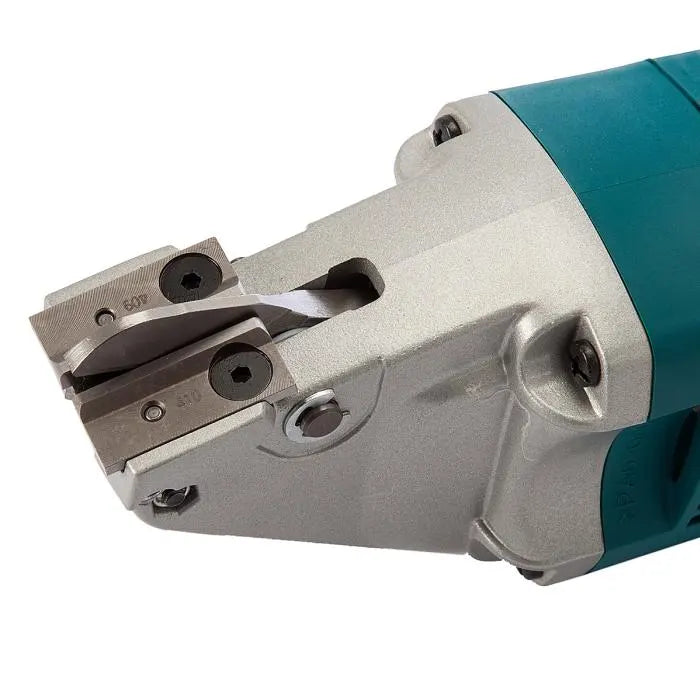 Close-up of a Makita Electric Metal Shear attachment head with a silver metal cutting blade and a teal-colored plastic housing, shown on a white background.
