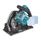Makita circular saw miter head with a teal and black motor housing, black guide rail, silver blade guard, and a translucent plastic collection container, shown on a plain white background.