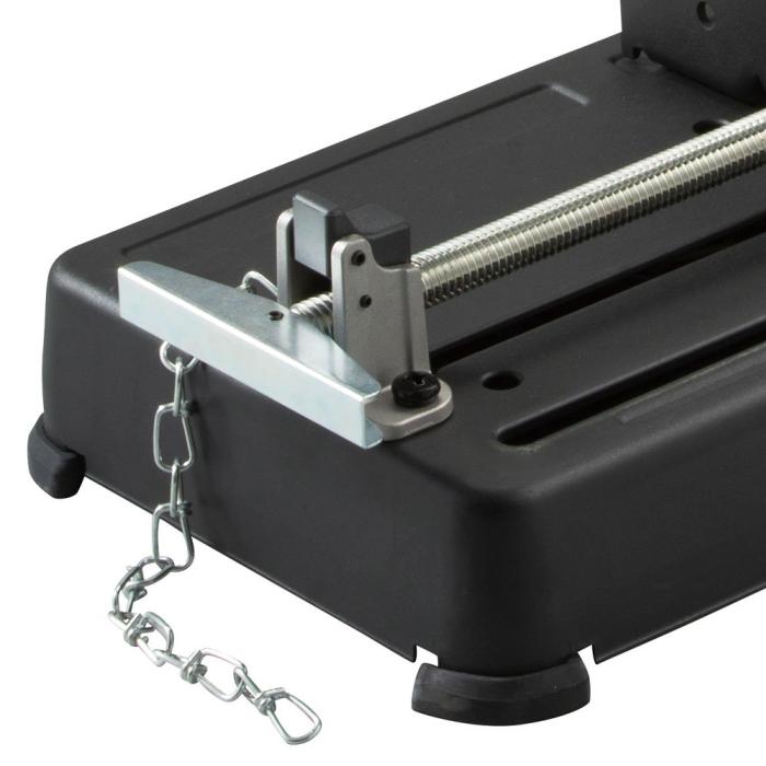 Close-up of a black metal clamp assembly with a silver threaded rod, latch, and short chain link on a white background.