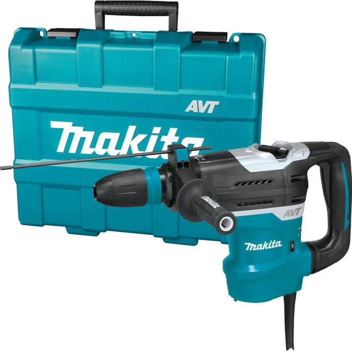 Makita HVL rotary hammer drill with a teal and black body, shown in front of its matching teal carrying case on a white background.