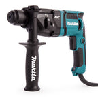Makita cordless hammer drill with a black and teal body, featuring a front-mounted black accessory handle, shown on a white background.