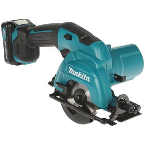 Makita cordless circular saw with a teal and black body, shown on a plain white background.