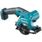 A Makita cordless circular saw with a teal and dark gray body, shown from a three-quarters angle on a solid white background.