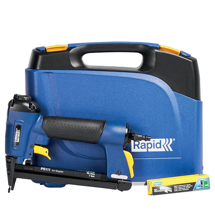 A blue and black Rapid PS111 Air Nailer is displayed in front of its matching blue and black carrying case, with a yellow and black box of nails at the bottom right, all on a clean white background.