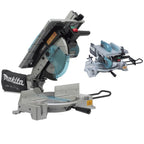 Makita portable table saw shown on a white background with a smaller inset view of the saw from a different angle. The tool has a silver base, gray upper housing, black handle components, and a translucent blue blade guard.