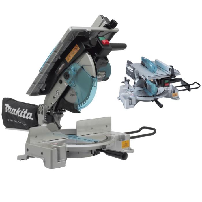 Makita portable table saw shown on a white background with a smaller inset view of the saw from a different angle. The tool has a silver base, gray upper housing, black handle components, and a translucent blue blade guard.